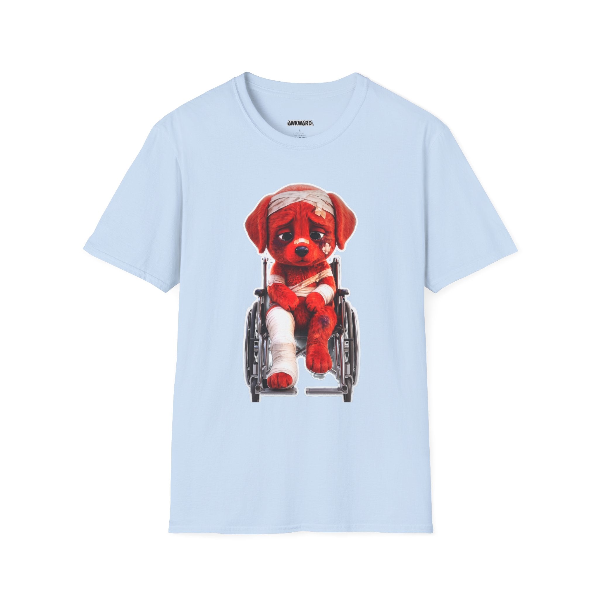 Sad Bandaged Dog Wheelchair T-Shirt — "AWKWARD." Grunge Anti‑Social Tee
