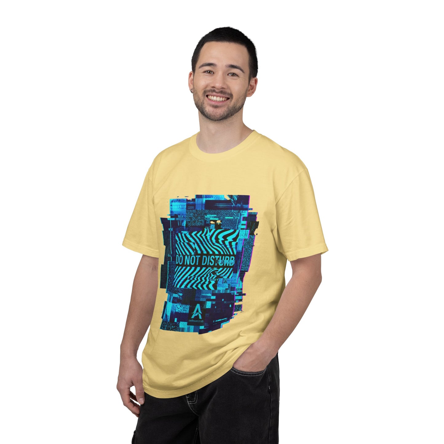 AWKWARD. Garment-Dyed Tee — Minimal Front, Neon Glitch Back