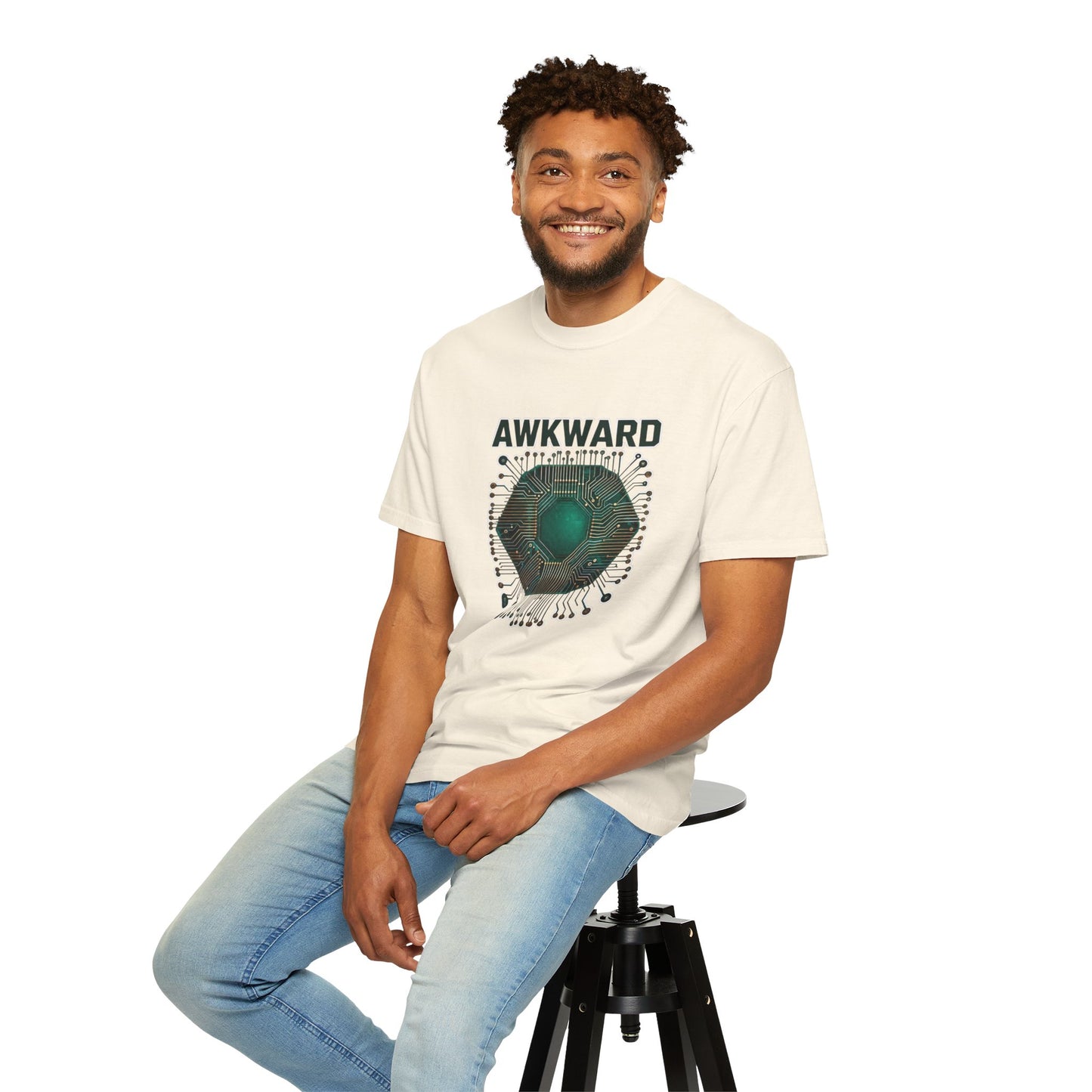 Awkward Club T-Shirt — 3D Green Microchip Graphic, Vintage Wash