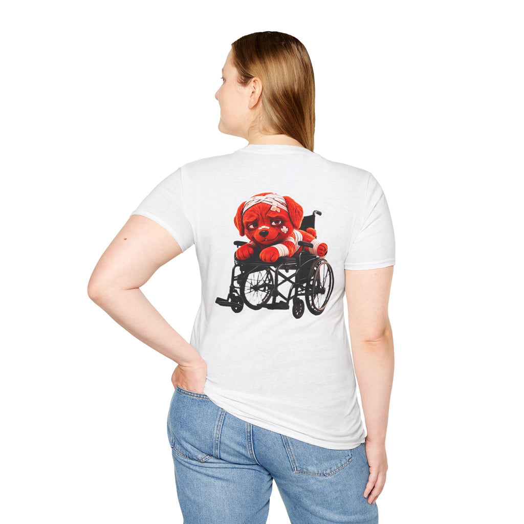 AWKWARD Tee — 3D Injured Red Dog in Wheelchair, Dark Humor Streetwear
