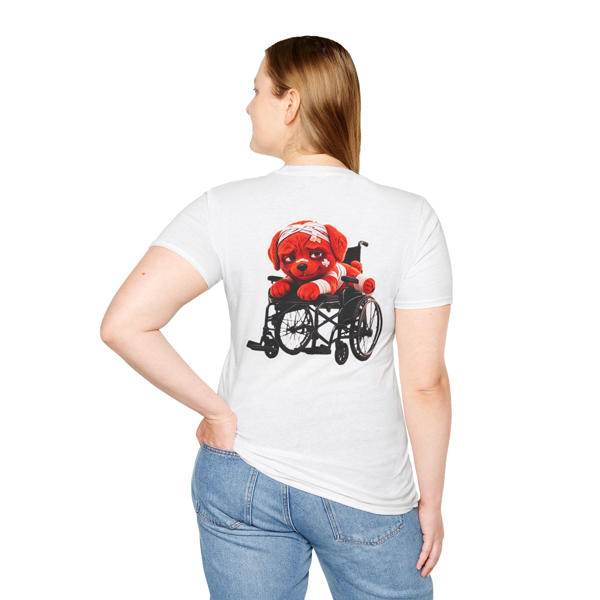 AWKWARD Tee — 3D Injured Red Dog in Wheelchair, Dark Humor Streetwear