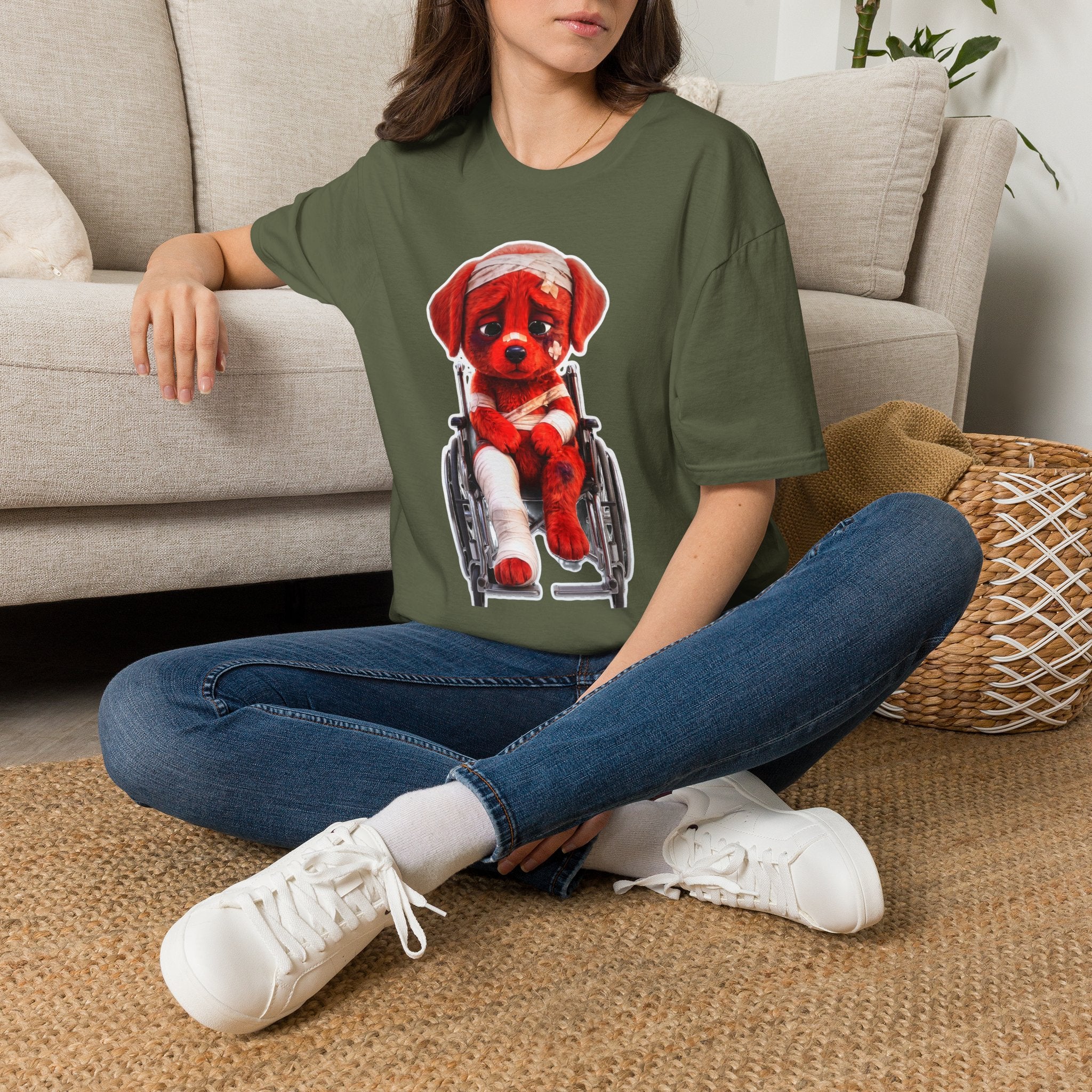 Sad Bandaged Dog Wheelchair T-Shirt — "AWKWARD." Grunge Anti‑Social Tee
